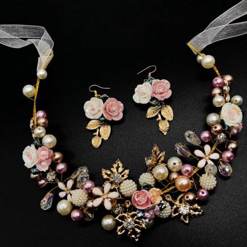 2021 Spring Bohemian Floral Head Band Crystal Pearl Wedding Bridal Hairbands Set Earring Hair Accessories