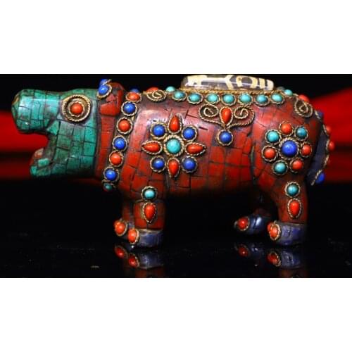 4"Tibet temple Old Bronze Filigree mosaic Gem Dzi Bead Hippo statue Hippopotamus amphibius Town House Exorcism