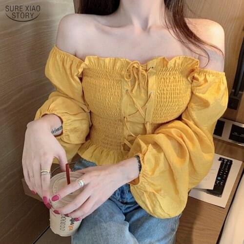 Korean Style Off Shoulder Blouses Girls Sweet Ruffles Slash Neck Lantern Sleeve Tops Womens Solid Lace Up Ruffled Blouse 10160