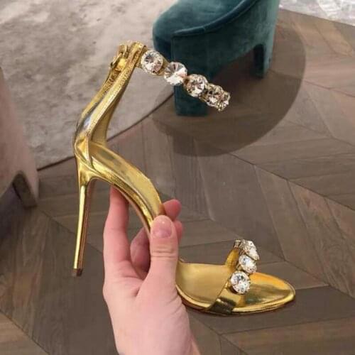 Summer sexy lady fashion womens sandals gold patent leather strappy crystal stiletto stripper High heels Prom Evening Shoes