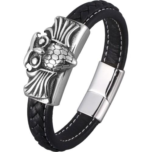 Fashion Owl Shape Stainless Steel Magnet Clasp Black Leather Bracelet Men Jewelry Punk Rock Bangles Male Wristband Gift SP0918