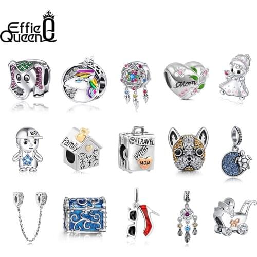 Effie Queen 925 Sterling Silver Boy & Girls Charm Animal Beads Fit DIY Original Bracelet Pendants Jewelry Dream Catcher Pendant