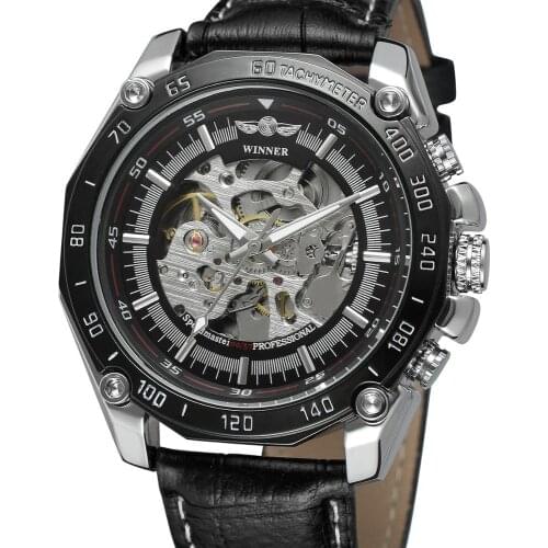 WINNER Fashion Sporty Men Automatic Mechanical Watch Leather Strap Black Skeleton Dial FORSINING Boyfriend Punk Wrist Watches