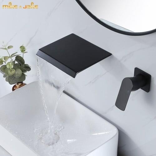 Black wall faucet waterfall Matte black hot and cold wide spout mixer wall black tap basin sink wall faucet basin tap