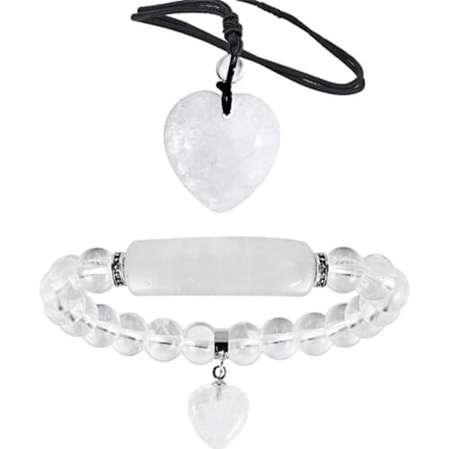 FYJS Unique Silver Plated Love Heart Natural Rock Crystal Pendant Rope Chain Necklace Bracelet Romantic Jewelry Sets