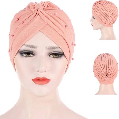 8 Colors Cotton Solid Folds Pearl Muslim Turban Scarf Women Islamic Inner Hijab Caps Arab Wrap Head Femme Musulman Turbante