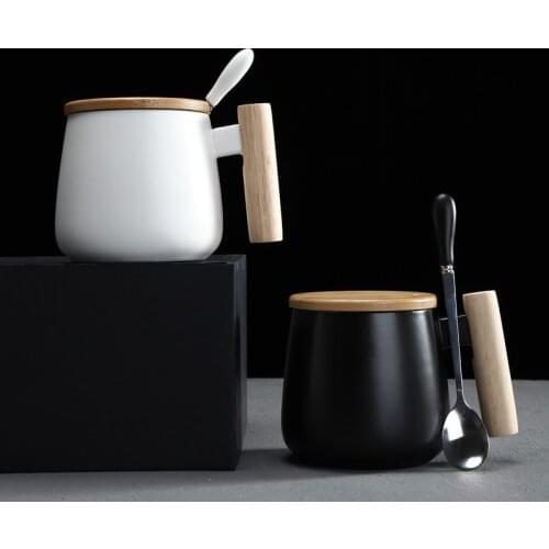 Nordic Style Black WhiteFat Body Coffee Mug with Wooden Handle and Spoon Modern Style Office Use Water Milk Drinks Ceramic Cups"