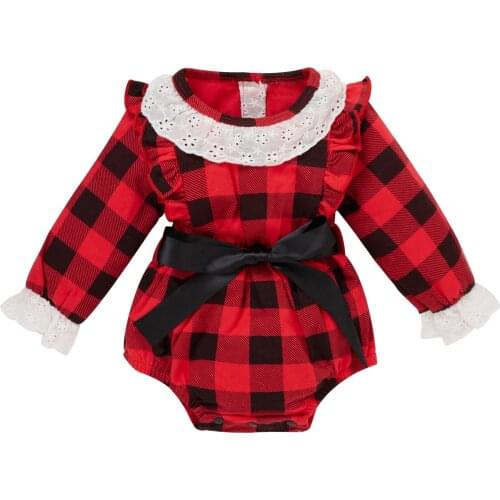 Christmas Baby Girls Bodysuit + Waistband Cotton Red Plaid Printed Long Sleeve Infant Jumpsuit Newborn Clothes Sets