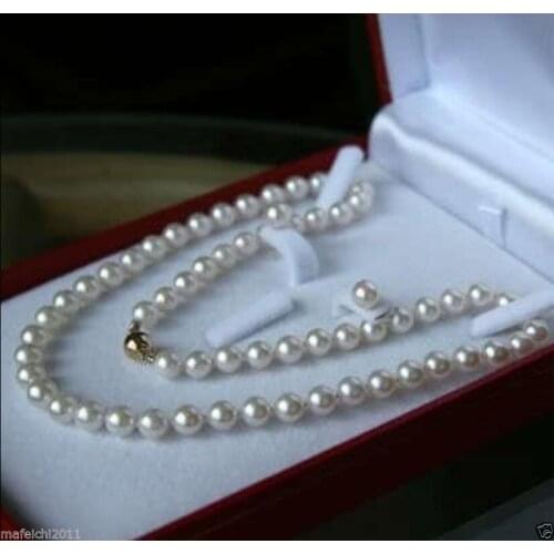 Natural New 8MM White Akoya shell Pearl Necklace Earring Set 18' AAA(with Box)