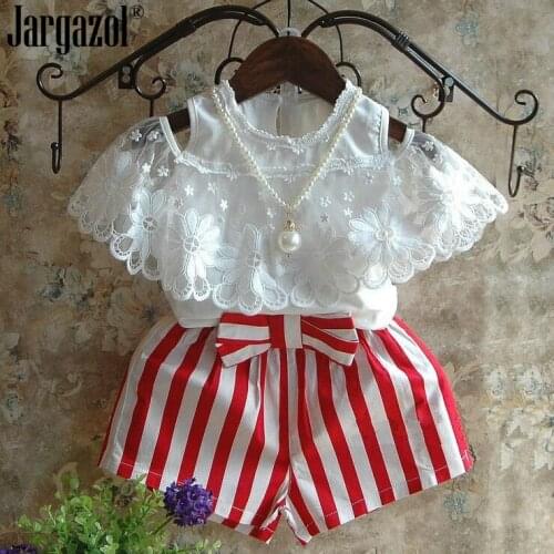 Girls Clothe Set White Shoulder Off Lace Shirt with Red Straped Shorts Clothing Set & Necklace Cute Outfits for Baby Girl