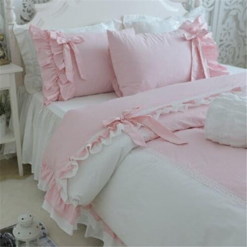 Sweet young lady bedding set elegant bow ruffle lace duvet cover wedding decorative bedding princess bed sheet bed linen cover
