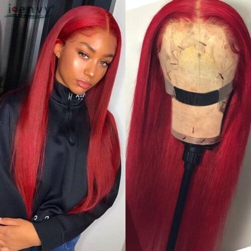 Red Lace Front Human Hair Wigs Straight 13*1 Brazilian Transparent Lace Front Wig Burgundy Remy 99J Part Lace Front Wig Prepluck