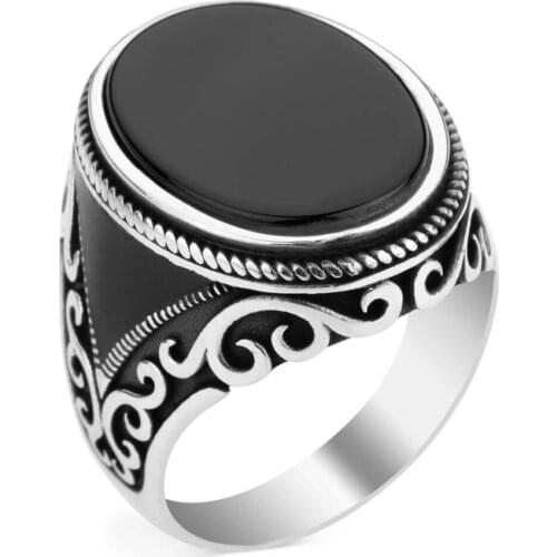 Oval Design Silver Mens Ring with Black Onyx Stone 925 Sterling Silver Ring for Men