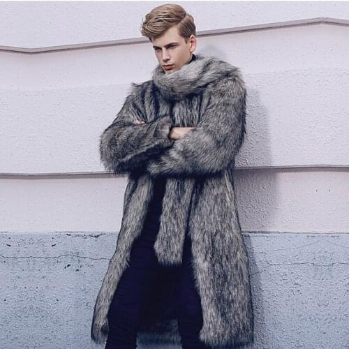 Gray 2019 Winter Turn-down Collar Mens Faux Fox Fur Coat Trench Fur Jacket Thicken Warm Male Large Fur Collar Outwear Clothing