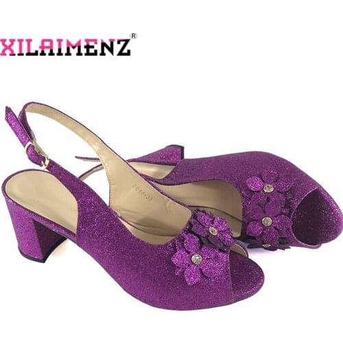 Latest 2019 Fashionable Italian Design Shoes Decorate with Rhinestone in Purple Color Nigerian Women Sandals for Wedding