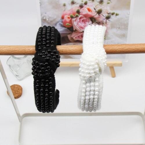 2020new CN Hair Accessories Black White Pearl Headbands for Women Cross Tie Hairbands Girls Spanish Style Knotted Hair Hoop
