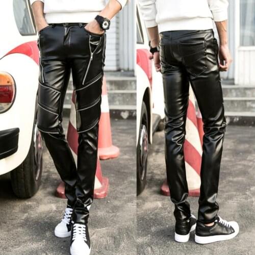 Autumn winter casual personality fashion motorcycle faux leather pants mens feet pants slim trousers for men plus velvet black