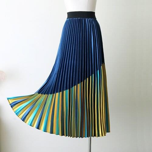 Qooth Color Match Mid-length Pleated Skirt Big Swing High Waist A-line Skirt All Match Striped Fashion Elastic Waist Skirt QT729
