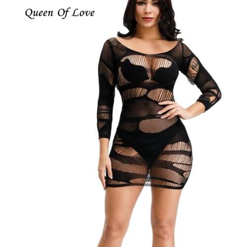 Sexy Club Party Dresses For Women Fishnet Lingere BadyDolls Chemise Long Sleeve Stocking Hollow Cut Out Mini Dress Size US2-18