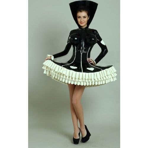 Sexy Black Full Set Lolita Rubber Latex Dress Inflatable Breasts Hooded Fashion Latex Dress Customize
