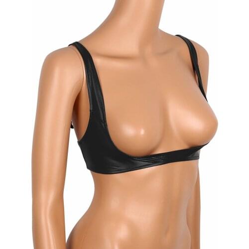 Sexy Womens Exposed Breasts Nipples Bra Lingerie Fashion Faux Leather Adjustable Wire-free Open Cup Shelf Bra Women Underwear
