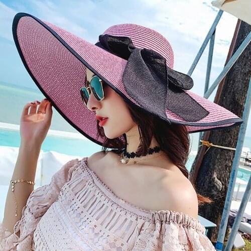 Summer Female Sun Hats Hat Big Brim Classic Bowknot Folding Straw Hat Casual Outdoor Beach Cap For Women Uv Protection Hat P1
