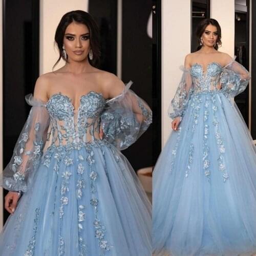 Light Blue Tulle A Line Formal Evening Dresses Long Sleeves Lace Appliques Plus Size Prom Party Gowns Robe De Soiree Custom Made