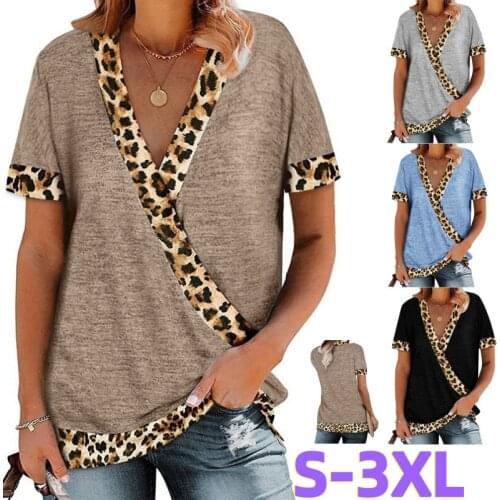 V-neck Leopard Print Color T-shirt Womens Summer Short Sleeve Tops Loose Ladies Casual Color Matching Cotton Fashion T-shirts
