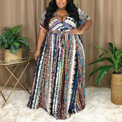 2 Pieces Sets Womens Outfits Skirt Plus Size 4XL 5XL Printed Crop Tops & Loose Skirt High Waisted Floor Length Evening Night Set