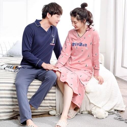 Women And Men Spring And Autumn Large Size Winter Cotton Men Long Sleeve Pants Pajama Sets And Women Long Nightdress Sleepshirts