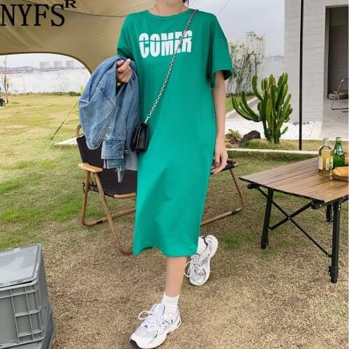 NYFS 2021 Korean New Summer dress Loose Woman Dress Vestidos robe ete Elbise Fashion Backless short sleeves Long Dress