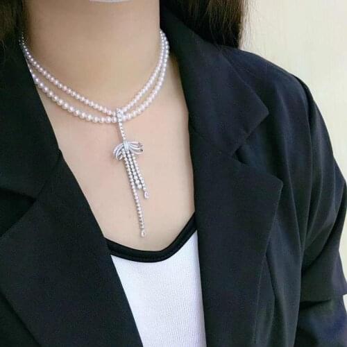 Natural fresh water pearl pendant necklace choker 925 sterling silver with cubic zircon bowknot pendant fine women jewelry