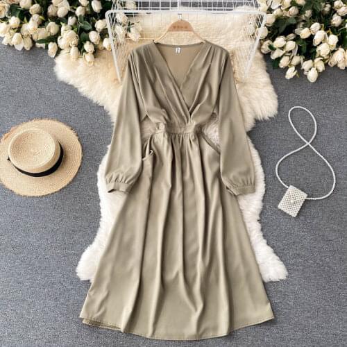 2021 Autumn New Fashion Temperament Vestidos Female V-neck Puff Sleeve Waist Slim Midi Dress DF741