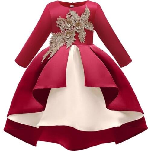 Kids Dress for Girls Wedding Red wine Satin Embroidered long sleeves Girl Dress Princess Party Pageant Formal Gown For Teen