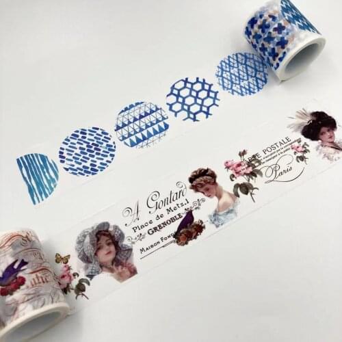 Beautiful 40mm*5m and 45mm*5m high quality washi paper tape/Beautiful blue stamp and flower woman masking japan washi tape