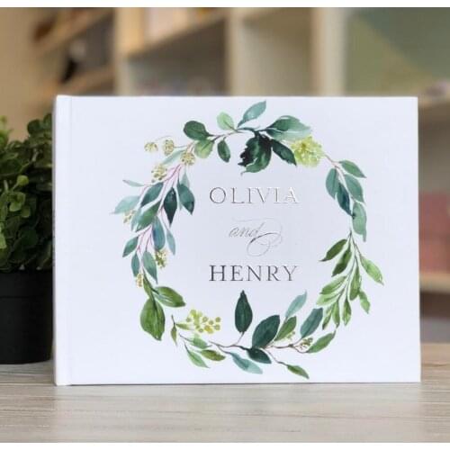Personalise Greenery Wreath Wedding Guest Book, Wedding Guestbook, Custom cottage Guest Book, Gold Foil Guest Book photo album