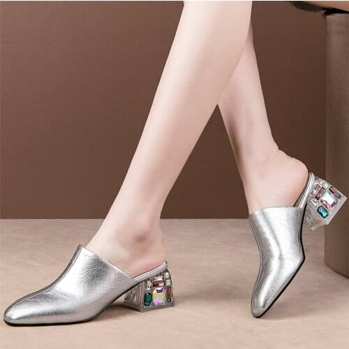 Summer Mules Women Genuine Leather Chunky High Heels Outdoor Slippers Female Square Toe Gladiator Sandals Wedding Pumps Shoes