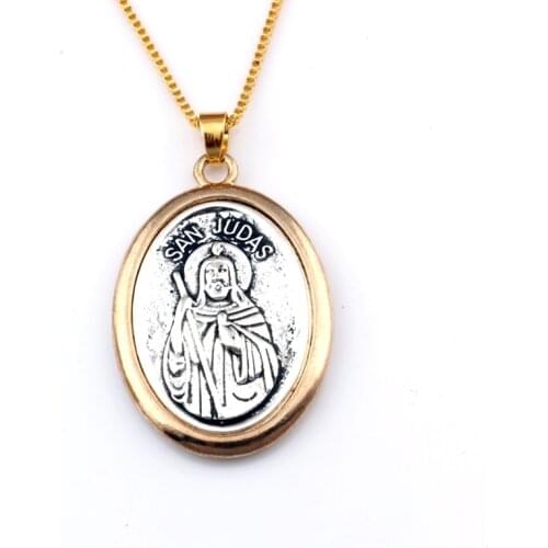 1Pcs Two-Tone San Judas Tadeo Ruega Por Nosotros Alloy Charms Pendant Necklaces Jewelry DIY 23.6 Inches Chains A-561d