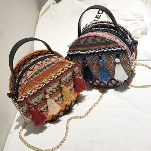 2019 New National Style Handbag Fashion Female Colored Chain Portable Round Crossbody Bag With Tassels