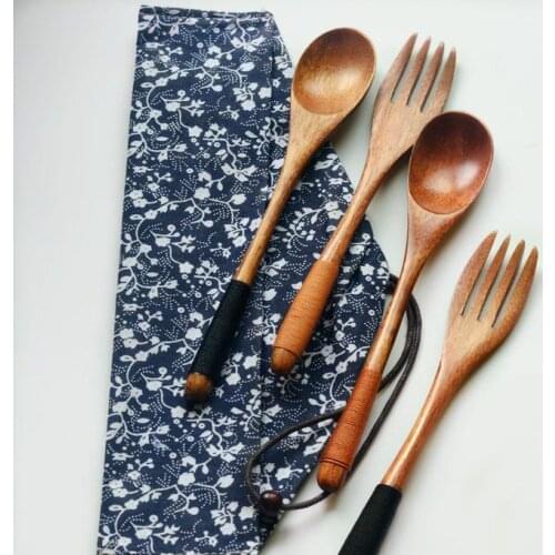 Japanese Korea style wooden fork spoon two-piece suit environmental travel portable tableware nice dinnerware bag packing SN1896