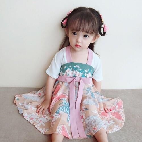 Kids Hanfu Chinese Retro Style Summer Short Sleeve Floral Printing Bow Lacing Cute Dresses Fashion Thin Loose Fairy Dress 2021