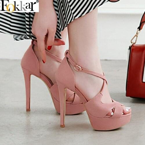 Eokkar 2019 Flock Women Pumps Peep Toe Black High Heel Stiletto Women Shoes Ladies Platform Pumps With Ankle Strap Size 34-43
