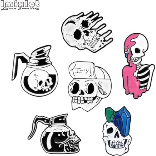 Imixlot Teapot Pizza Hat Skull Enamel Pins Collection Skeleton Head Bag Denim Shirt Lapel Pins Punk Dark Jewelry Badges Brooches