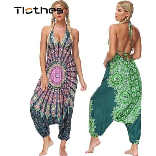 Summer Baggy Indian Printing Jumpsuit Women Rompers Loose Sexy Strapless Backless Sling Bodysuit Lantern Harem Pants Yoga Outfit