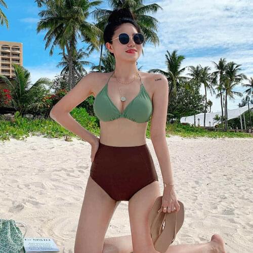 2021 Swimsuit Korean Version Of Green Brown Color Matching Hanging Neck Strap High Waist Bikini Small Chest Simple Split Swim