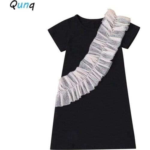 Qunq Summer Girls Dress Black Color Cotton Kids Clothes for Girl 2021 New Ruffle O-neck Toddler Children Princess Costume