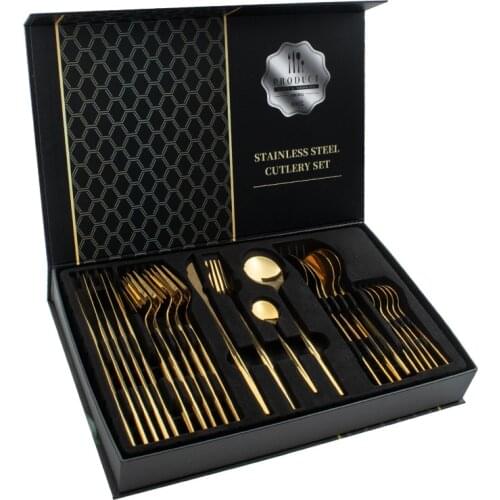 New 410 Stainless Steel Tableware 24-piece Set Bright Black Portuguese Ins Cutlery Set Golden Spoon Fork GIft With Box CST