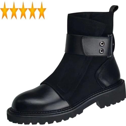 Leather Genuine Women Ankle Biker British Belt Buckle Rivets Punk Thick Heel Winter Warm Platform Short Boots Female