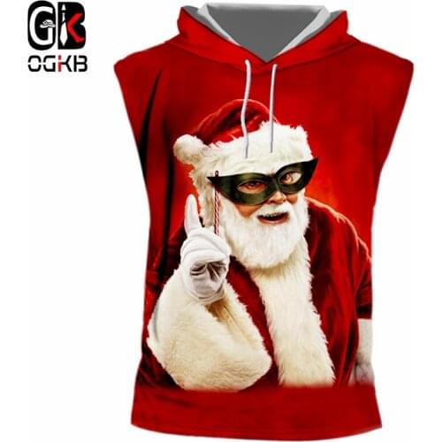 OGKB Mens Autumn New Loose Red 3D Printed Funny Mask Santa Claus Short Sleeve Hooded Tank Top Big Size 5XL