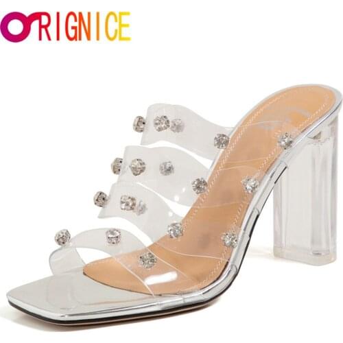 Orignice Fashion PVC Transparent Rhinestones Women Gladiator Sandals Sexy Clear Crystal High Heel Slippers Peep Toe Party Shoes